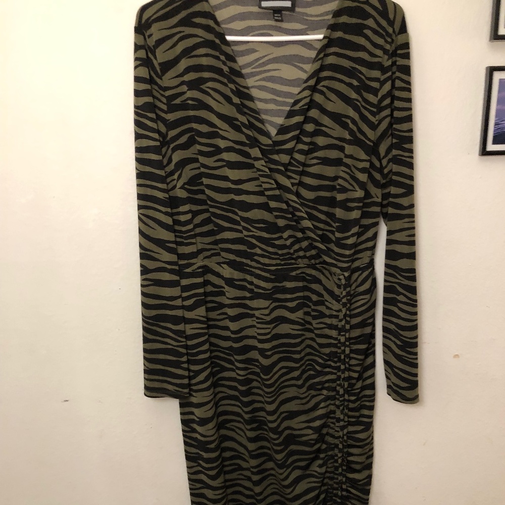 Green and black animal print dress with adjustable tie